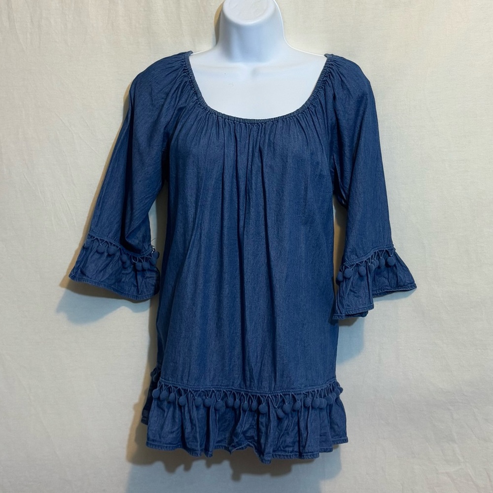 H-97 Grand & Greene Blue Chambray Ruffled 1/2 Sleeve Pullover Blouse Size S